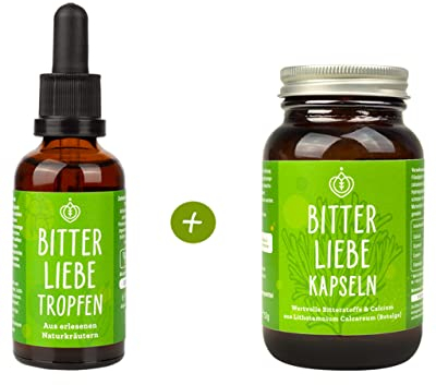 BitterLiebe® Power-Paket mit 1x Bittertropfen (50ml) und 1x Bitterstoffe Kapseln (90Stk.) I Mariendistel Löwenzahn Artischocke, Bitterkräuter, bitter