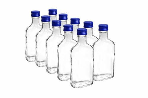 Do It At Home 10x 200ml Clear Glass Flask Bottles with Airtight Blue Metal Screw Caps - Empty Mini Bottles for Home Brewing, Gin, Vodka, Spirits, Liqueurs, Oils & DIY Party Favors