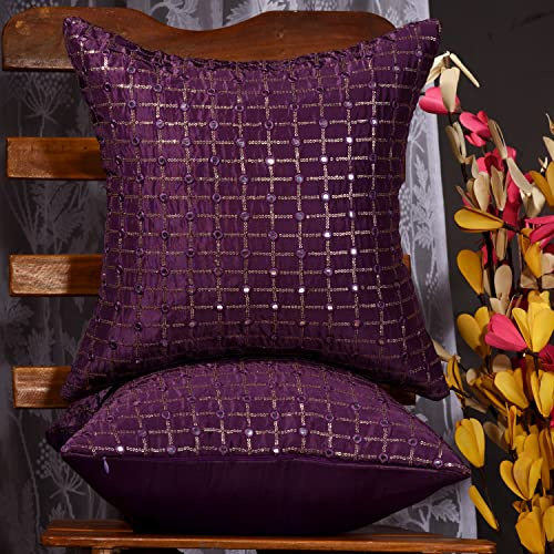 SCARLETT LINENS Decorative Pillows for Room, Purple Pillow Cover 12x12 Set of 2, Small Couch Pillows, Embroidered Cushion Covers