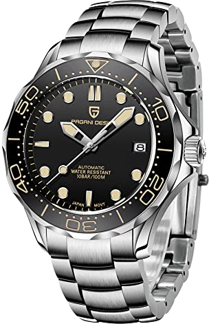 Pagani Design 007-Modell Herren-Automatikuhr, NH35 Uhrwerk, drehbar, Keramiklünette, Edelstahl, wasserdicht, selbstaufziehend, Armbanduhr, Schwarzstahl