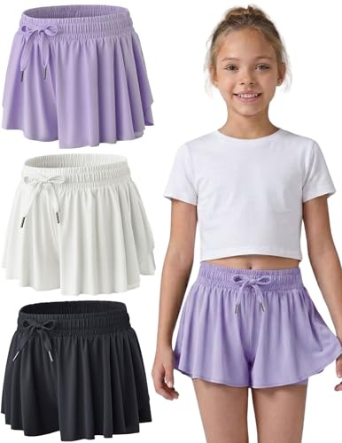3 Pack Girls Flowy Shorts with Spandex Liner 2-in-1 Youth Butterfly Skirts for Fitness, Running, Sports (Set 7, Medium