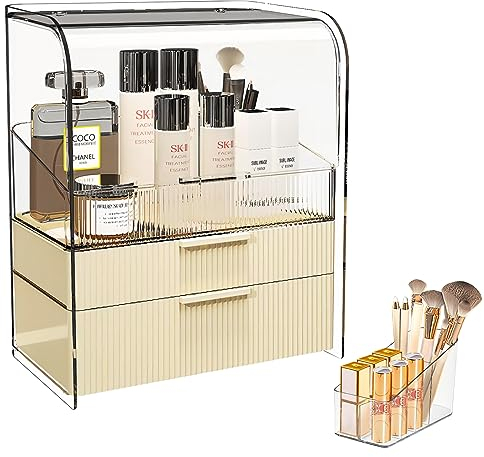 DASITON Make Up Organizer mit Schubladen,Staubdichte Dreilagige Kosmetik Aufbewahrung mit Deckel,Große Kosmetik Schminktisch Organizer,Skincare Organizer Cosmetic Organizer für Schlafzimmer,Bad(Creme)