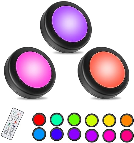 WUYOR Wireless Under Cabinet LED Lights, 16 Colors, RGB Brightness Adjustable with Remote Control, 3 Packs Black