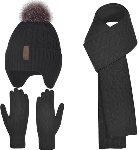 Winter Hat Gloves Scarf Set for Kids Earflap Beanie with Cute Pom Knit Boys Girls Children Baby Toddler Black Warm Wool Fleece Lining 6 7 8 9 10 Years Old