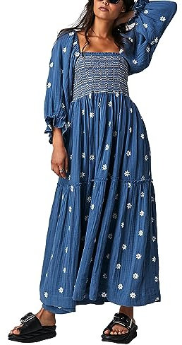 Acrawnni Women's Flower Embroidered Maxi Dress Long Puff Sleeve Square Neck Smocked Tiered Bohemian Flowy Dress Beach Long Dress (A-Dark Blue, M)