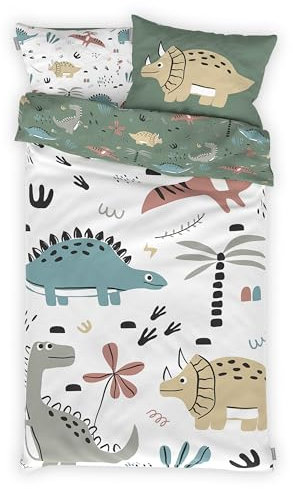 Bärenwerke MB 1013 Z Kinderbettwäsche Dinosaurier 100x135 cm - 100% Baumwolle, Reißverschluss, maschinenwaschbar, 2-teiliges Bettwäscheset für Kinder