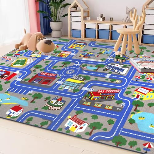 Capslpad Kinder Teppich Spielteppich für Kinder Stadt 200x300cm rutschfest Kinderteppich Spielmatte Maschinenwaschbar Kurzflor Pädagogischer Spielteppich für Kinderzimmer Spielzimmer Dekor, Blau