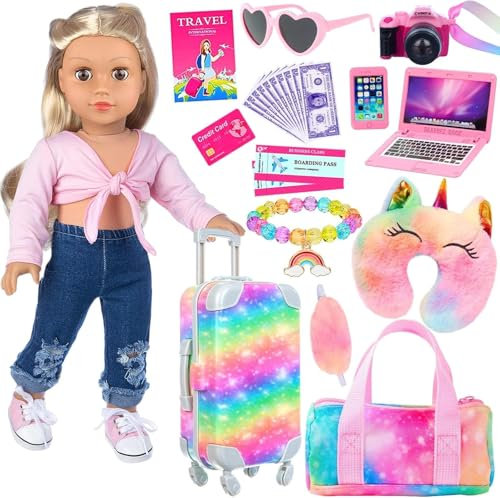 ZITA ELEMENT 23 PC 18 inch Doll Accessories Suitcase Rainbow Travel Set,Suitcase, Bag, Camera, Computer, Cell Phone, Neck Pillow, Eye Mask etc Gift for Birthday Christmas (Doll & Clothes not included)