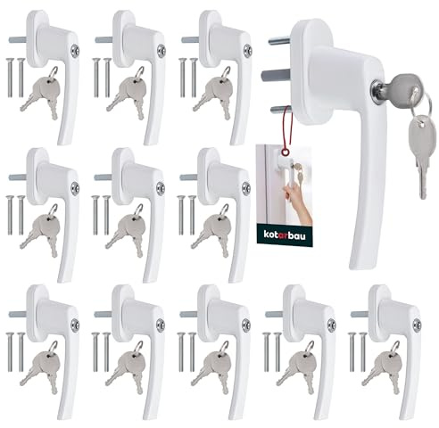 KOTARBAU® Set med 12 fönsterhandtag, låsbart, vitt, aluminium, pulverlackerat fönsterhandtag med lås, låsbara fönsterhandtag, penna 35 mm, fönsterlås, barnsäkring, fönsterhandtag