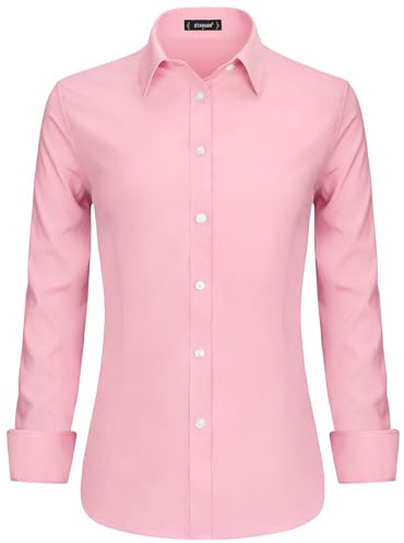 Stamain Damskjorta elegant långärmad blus med V-ringning klassisk och mångsidig stil för alla tillfällen, Rosenröd, XL