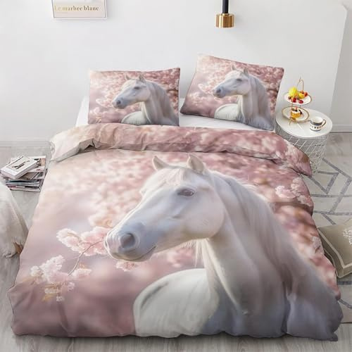 LLSZAHD Housse de Couette 90x190 Cheval Blanc Housse de Couette 1 Personne Fleurs Imprimée Sets de Housses de Couettes en Microfibre Douce Confortable Parure de Lit + 2 Taies d'oreillers 65x65 cm
