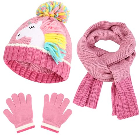 QKURT Kid’s Stretchy Beanie Hat Mittens Scarf Set, Children Winter knitted Cap with Pom Pom Thermal Neck Warmer Gloves Set Unicorn Cold Weather Accessories for 2-5 Years Old Girls