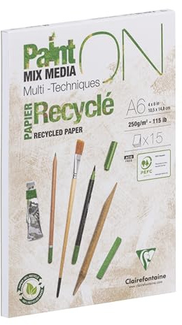 Clairefontaine 960061C PaintON Multi-Technique Recycled A6 10.5x14.8 cm 250g - 15 Sheets Multi-Technique Drawing Paper 100% Recycled with Satin Finish - White