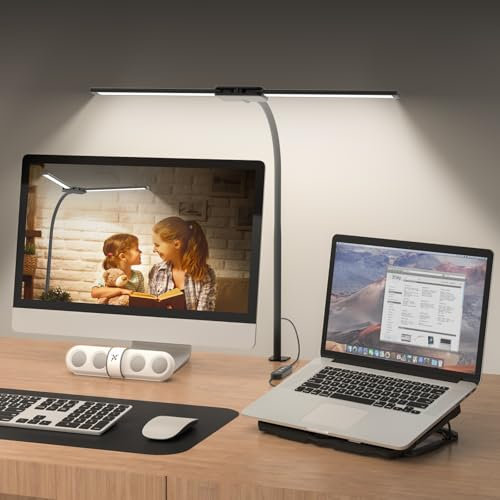 rigors Lámpara de mesa de doble cabeza de 60 cm, regulable, 900 lm, luz diurna para escritorio, con abrazadera, protección ocular, lámpara de oficina, 5 colores, 10 brillo, cuello de 360 grados