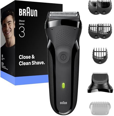 Braun Series 3 Electric Shaver, 3 Flexible Blades, Beard Trimmer Attachment, +5 Combs, Dry Razor for Men, Designed in Germany, 300BT, Grey