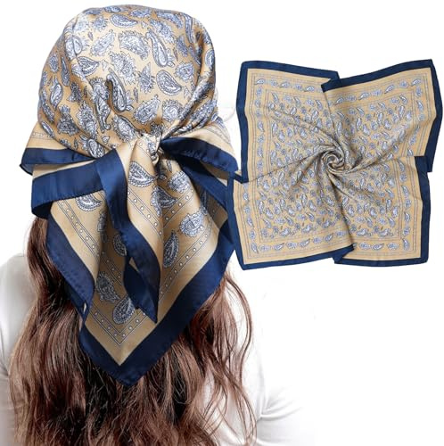 SECRET AROMA Halsdukar för kvinnor, silkesimitation tryckt fyrkantig scarf, mode fyrkantig satinscarf, kan användas som handväska hårgåva, Gul och vit, 70cm*70cm