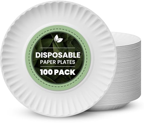 Vivo Technologies 100-Pack of 9-inch Disposable Paper Plates 23cm White 100% Compostable Biodegradable Party Paper Plate Perfect for Everyday use, Ideal for BBQ's, Parties and Events