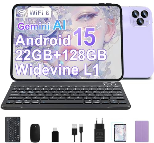 GOODTEL Android 15 Tablet 10.1 Zoll 22 GB RAM + 128 GB ROM (1 TB TF), Octa-Core, WLAN 5G + 2,4G, 2 GHz, GMS, Widevine L1, 8 MP + 5 MP, Typ C, OTG, Cast, Tablet-PC mit Hülle, Tastatur und Maus– Lila