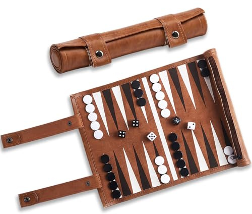 Backgammon da Viaggio, Backgammon Portatile in Pelle, per Famiglie, Viaggiatori e Amanti Della Strategia, Campo da Gioco L x P: 38 x 26 cm Marrone