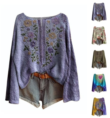 Boho Sweaters for Women Oversized Vintage Bohemian Floral Print Jumpers Fashion Ethnic Knit Tops Autumn Long Sleeve Pullover Loose Dressy Blouses Sweatshirts (Z011-Green, M)