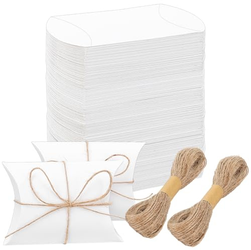 BENECREAT 100 juego de Cajas de Almohada de Papel de Cartón, Caja de Regalo Blanca de 7.2x6.5x2.5cm con Forma de Almohada Y Cordel de Yute, Ideal para Bodas, Fiestas, Chocolates, Azúcares Y Galletas.