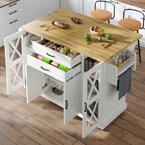 BENMWS Isola da cucina, bianca, mobile da cucina, 90 x 150 cm, carrello da servizio, carrello da cucina mobile con ruote, con quattro ante (due porte in vetro), ripiani regolabili in altezza, due