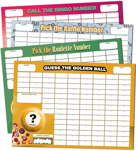 Pack of 4 Number Multipack Fundraising Scratch Cards - A4 Size - 100 Squares and Scratch Off Winner for Charity