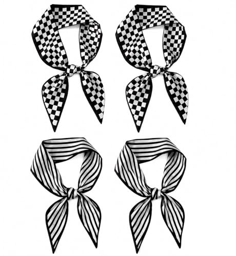 4 Pack Satin Skinny Neck Scarves Black White Plaid Striped Hair Accessories | Silky smooth texture, elegant subtle sheen, versatile styling, works with all outfits, durable easy-care construction.