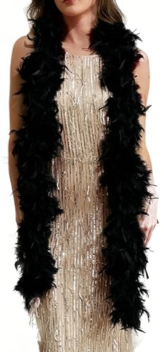 Boa di Piume, Boa di Piume Nere Naturale 2m, Sciarpa in Piuma di Tacchino per Donne, Accessorio Costume da Festa, Decorazione Elegante per Matrimonio Natale e Halloween