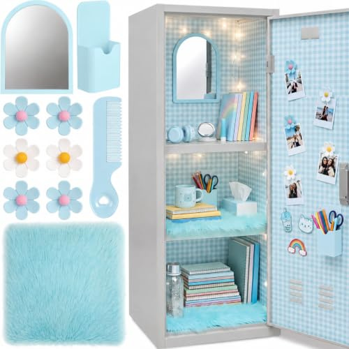 RattanView 10Pcs Locker Decorations Kit for Back to School Students, Blue | Include Magnetic Acrylic Mirror, Plush Rug, Comb, Flower Magnets, Pen Holder for School Office Gym Work Locker Organized