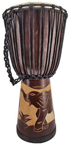 Djembe 50 cm – Tambor Africano Profesional de Madera de Caoba con Piel Natural, Tallado a Mano Motivo Elefante M2