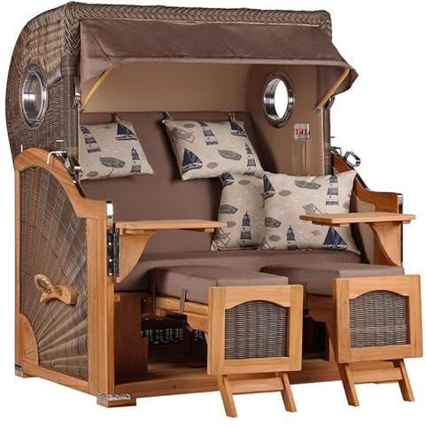 Strandkorb Teakholz Volllieger Strandstuhl Liegestuhl PE Geflecht Grey Düne Grand XL TEAK Dessin 540 Bullauge inkl. 4 Kissen Wechselpolster Strandkörbe aus Teak Garten Wintergarten und Terrassen