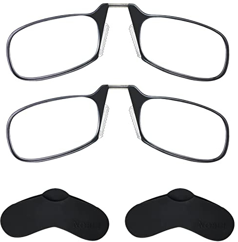 Noble Ultra Slim and Flat Reading Glasses Thin and Flexible Armless (2 Pairs) Enhanced Comfort Nose Rest, Armless Pocket Size Readers with 2 Stick-on Silicone Case Holder (Black, +2.00)