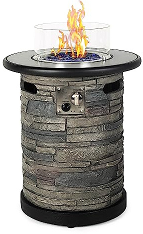 BAIDE HOME Outdoor Propane Fire Pit Table, Round Porcelain Tile Top 22 Fire Bowl Column W/ 40,000 BTU Firepit Table Auto-Ignition 400D Cover Glass Rocks for Outside Patio