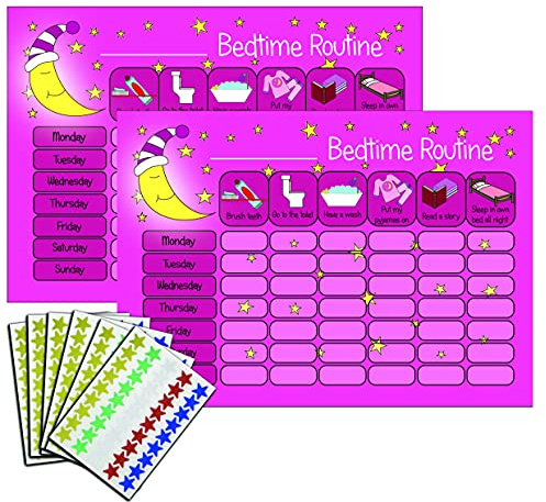 kids2learn Children's Bedtime Routine Chart Reward Chart for Sleep Training Twin Pack (2 x PINK) for boys girls toddlers With 270 Star Reward Stickers Included
