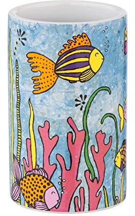 WENKO Zahnputzbecher Rollin'Art Ocean Life, Zahnbürstenhalter aus hochwertiger Keramik Bedruckt mit Buntem Meeresleben-Motiv, Becher zur Aufbewahrung von Zahnpflege-Utensilien, Ø 6,5 x 11 cm