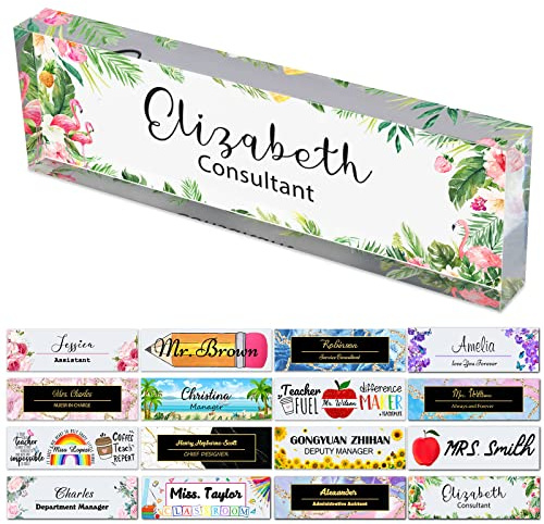 Plaques nominatives de bureau pour bureau Plaques nominatives personnalisées en acrylique pour bureaux Motif flamant rose sur cadeau de décoration transparent d'appréciation (20,3 x 6,3 cm)
