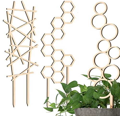 Decorify Klätterställning för Krukväxter 3 st - Träpergola för Växter 6mm - Stöd för Klätterväxter – 39/44/39 cm – Hexagon/Zigzag/Bubble – natur