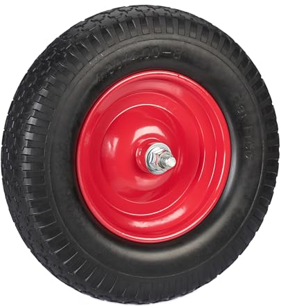 Relaxdays Rueda de Carretilla 4.00-8 Goma con Eje, Neumático de Repuesto Antipinchazos, hasta 100 kg, Negro/Rojo, Acero, 390 x 90 mm