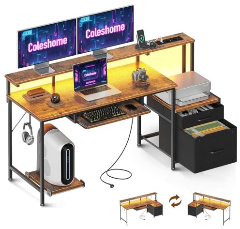 Coleshome Gaming Tisch mit LED, 140x48cm Schreibtisch mit Stoff Schubladen Computertisch mit 2 Steckdosen&2 USB Anschlüssen, Gaming Schreibtisch mit Monitorständer für Home Office, Braun