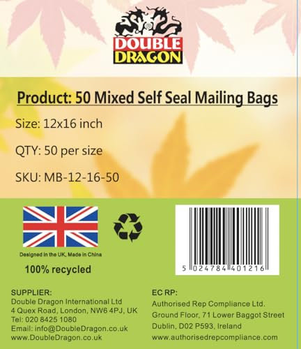 Double Dragon 50-Pack 12x16 Self-Seal Grey Poly Mailer Bags |Self-Seal Shipping Envelopes | Strong, Waterproof, Tamper-Proof Polythene Packaging for Clothes, Bedding & Parcels (Also for Storage)