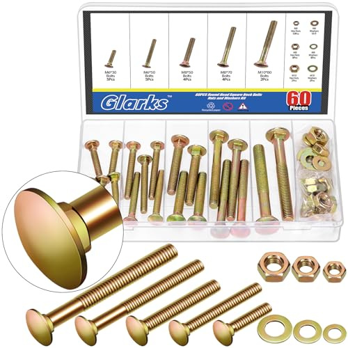 Glarks Juego de 60 tornillos y tuercas métricas M6 M8 M10, juego de tornillos cuadrados de zinc de color con tuercas y arandelas planas (coloreados)