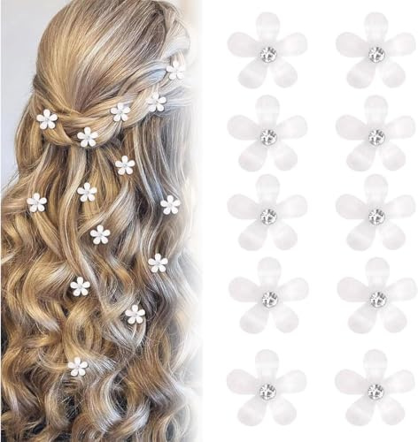 SGERUFZ 10 Mini Fermagli con Strass - Graziosi Accessori Decorativi per Acconciature da Sposa, Fiori, Fiorellini per Capelli, Accessori Capelli Comunione - Forcine Floreali (Bianchi)