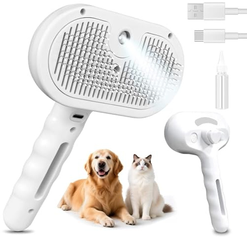 Brosse à Vapeur pour Chat, 3-1 Multi-usages Brosse Chat pour Chats et Chiens, La Perte de Poils, Massage et Toilettage, pour Tous Les Animaux à Poils Longs et Courts, Blanc
