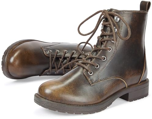 LISYIIZ Women's Ankle Combat Boots Lace Up Booties with Side Zipper Low Heel Fashion Combat Booties for Fall Winter Casual Wear