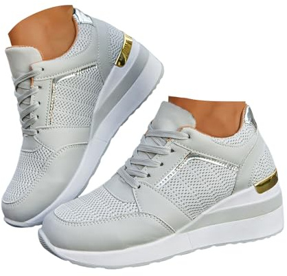 Xbemkste Sneaker dam, kilklack, platå, fritidsskor, andas, snörning, sportskor, sneakers, dam, platåskor, bekväma löparskor, promenadskor, GRÅ, 37 EU