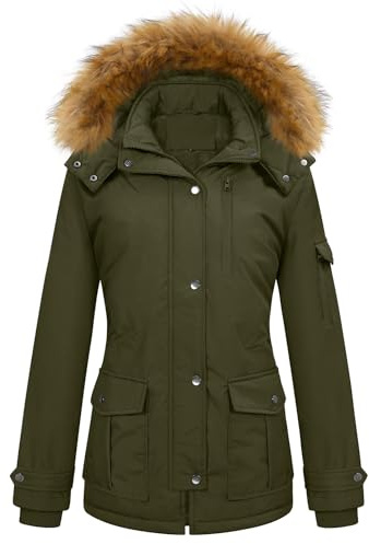 heekpek Abrigo Mujer Invierno Parka Impermeable Cortaviento Abrigo de Invierno Cálido Chaqueta Larga Mujer con Capucha Desmontable y Múltiples Bolsillos, Verde militar, L