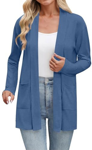 Cardigan da donna aperto sul davanti, lungo, elegante, casual, cardigan, sottile, tinta unita, slim fit, top largo, per il tempo libero, in cotone, maglione oversize, Celeste., L
