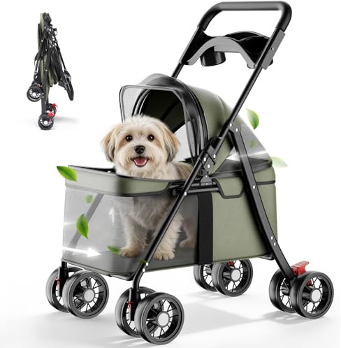 GTPLAYER Foldable Pet Stroller for Small Dogs and Cats, Holds Up to 33 lb, 4-Wheel Stroller with 2 Safety Tethers, Breathable Mesh, Lockable Front Wheels, Cup Holder/Tray & Storage Pocket, Green