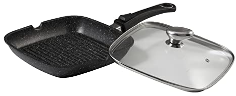 Pradel Excellence Padella Grill 24 x 24 cm Modo Pietra in ghisa di Alluminio con Coperchio in Vetro, Nero, 24 cm